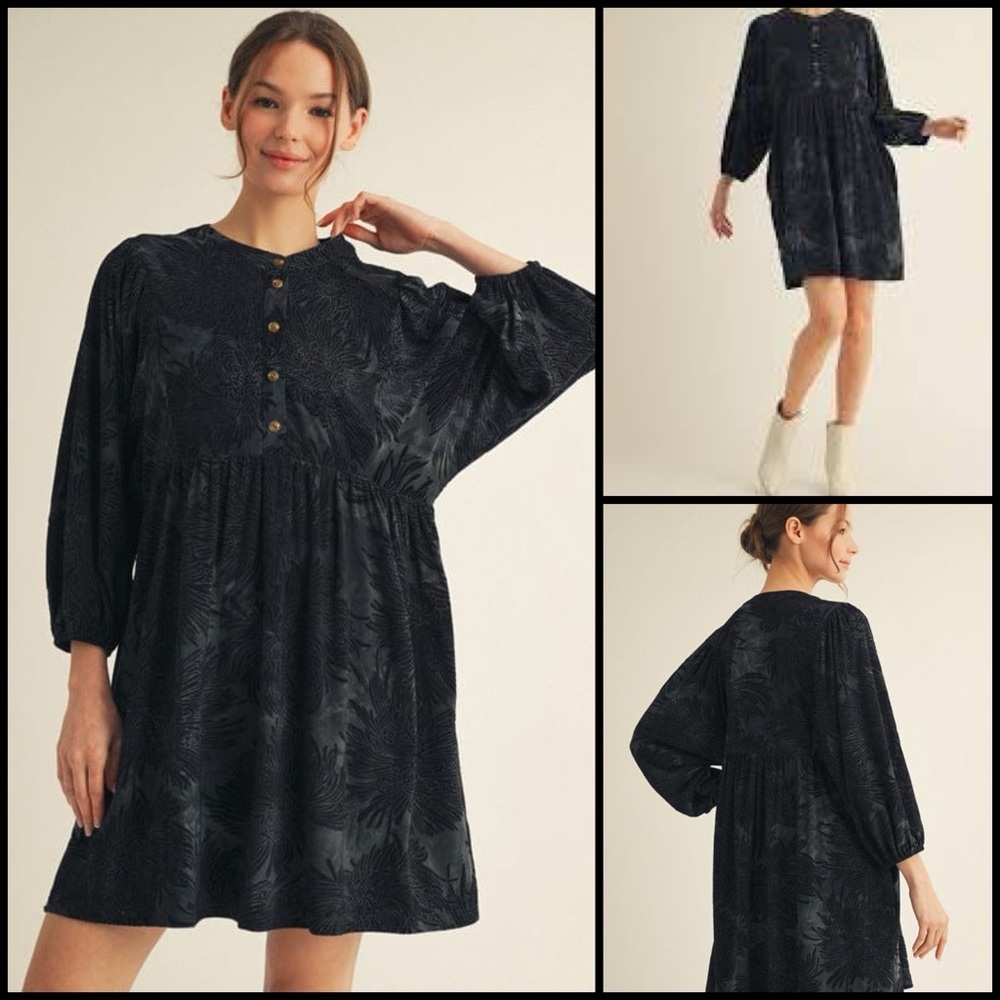 Jodifl Black Tie Dye Base Velvet Burnout Floral Jacquard Babydoll Tiered Dress S